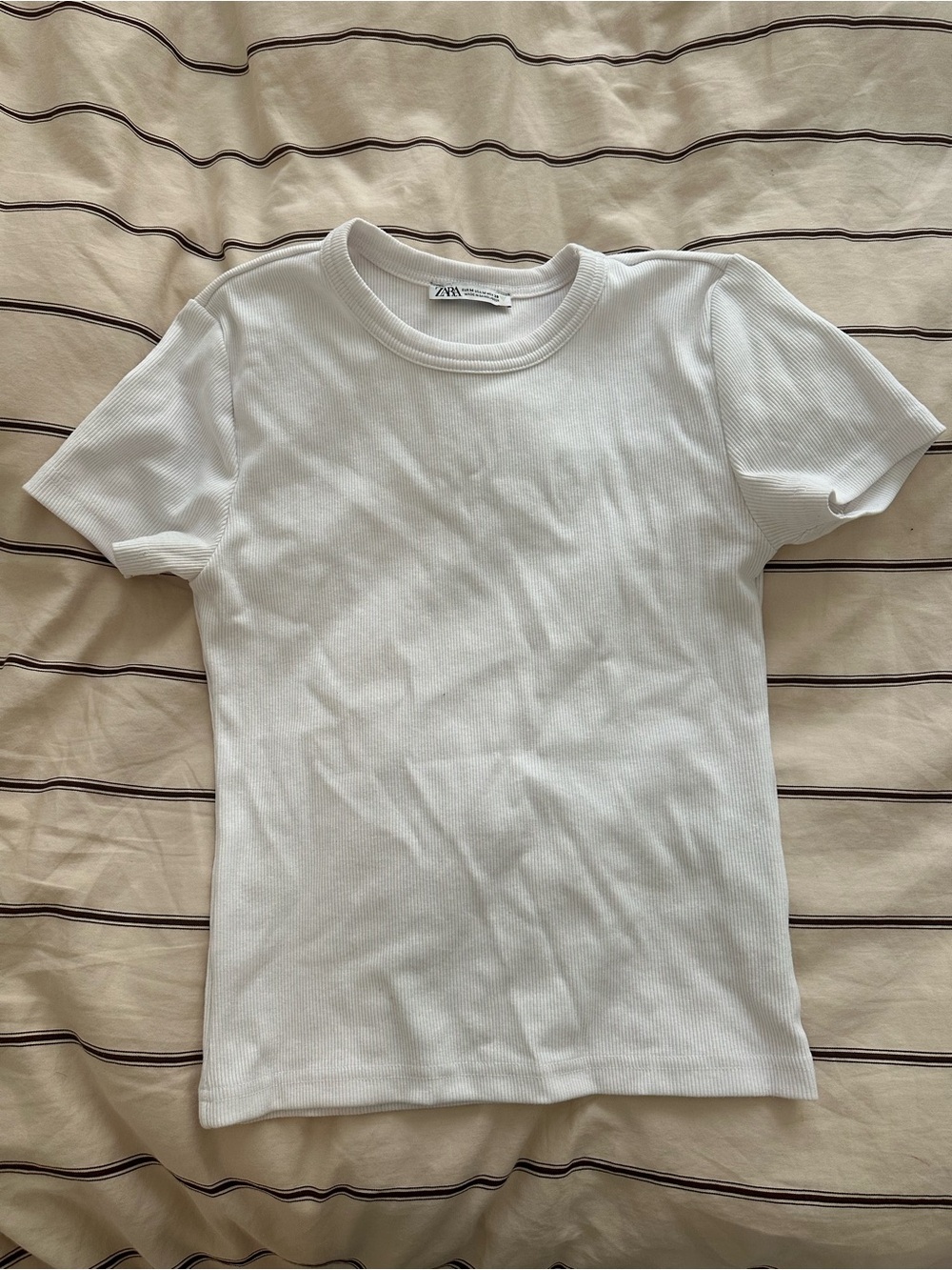Zara White Ribbed Crew Neck T-Shirt